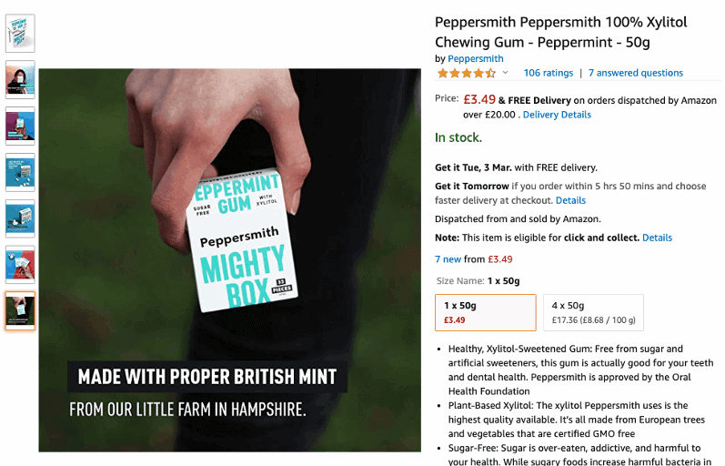 Peppersmith Chewing Gum and Mints Amazon Listing